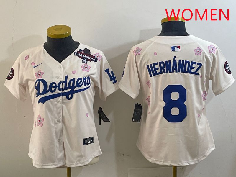 Women Los Angeles Dodgers #8 Hernandez Cream Sakura Edition 2025 Nike MLB Jersey style 3